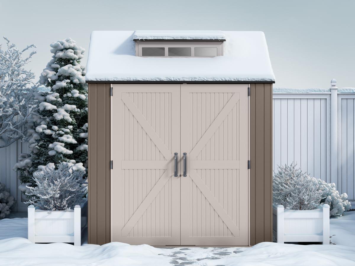 Brown Resin Medium Outdoor Storage Shed with Windows, 7 x 7 ft