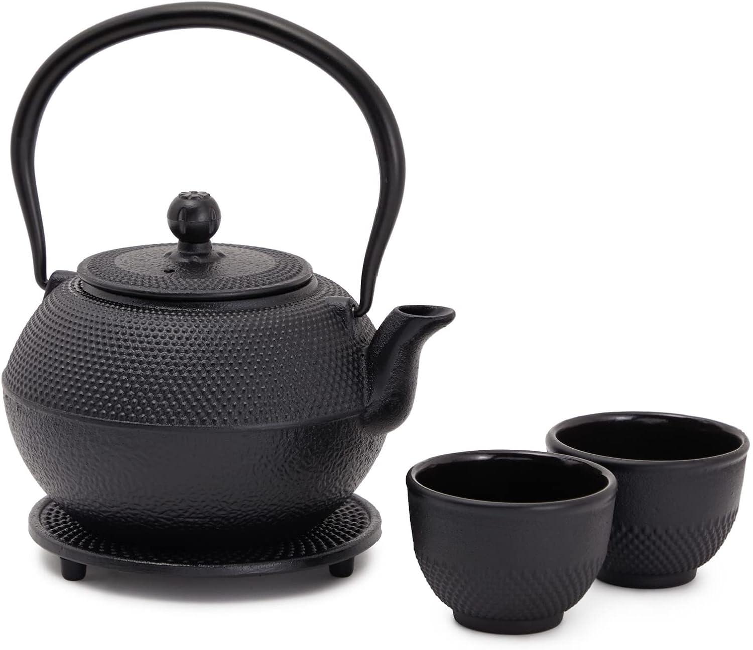 Juvale Black Cast Iron Teapot Tea Kettle Set with 2 Cups, Contemporary Trivet Dutch Hobnail, 1200 mL