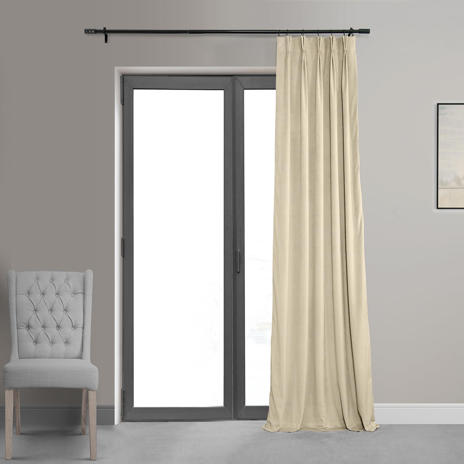 Alabaster Beige Velvet Blackout Pleated Curtain Panel 120"