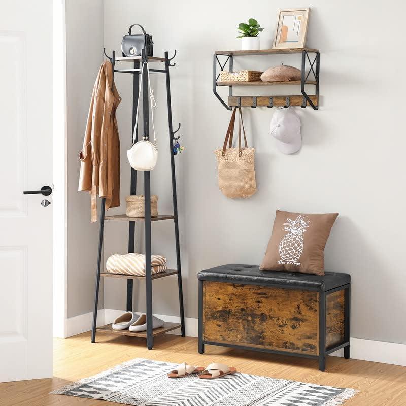 Rustic Brown Black Industrial Storage Bench with Padded Seat