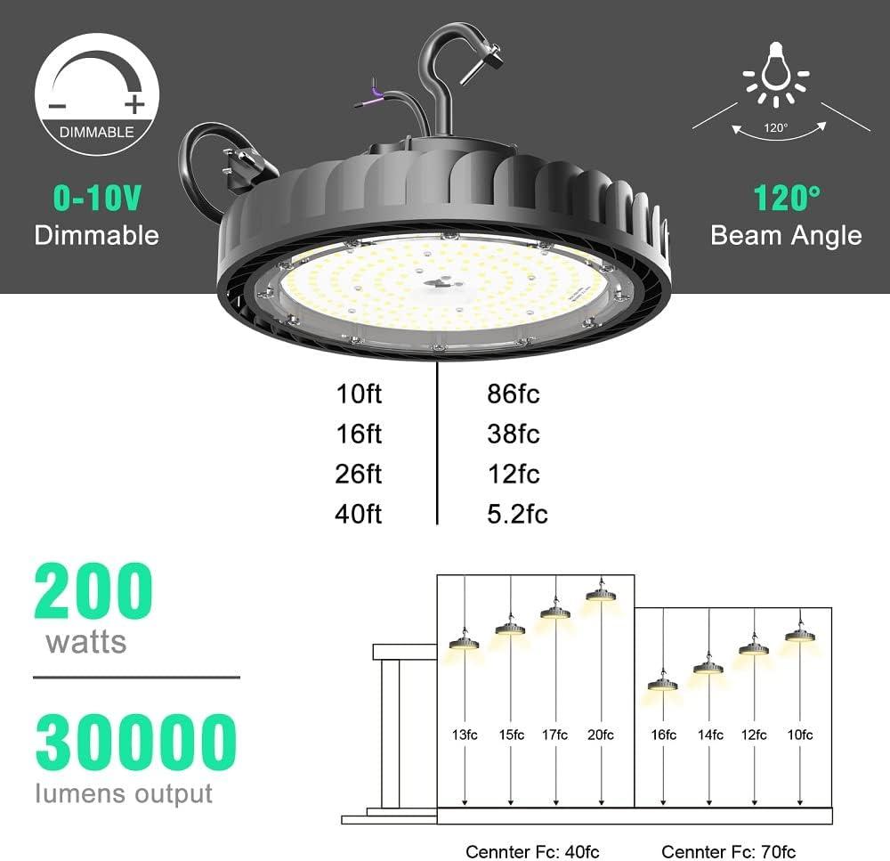 UFO Led High Bay Light 200W 4Pack 30000LM Eqv.800W MH/HPS,High Bay LED Shop Lights 5000K 0-10V Dimmable,High Bay Light for Warehouse Workshop Factory