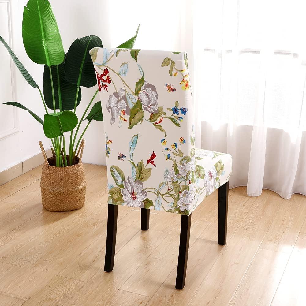 Dining Room Chair Covers Slipcovers Set of 6, Spandex Super Fit Stretch Removable Washable Kitchen Parsons Chair Covers Protector for Dining Room,Hotel,Ceremony,Beige+Flowers