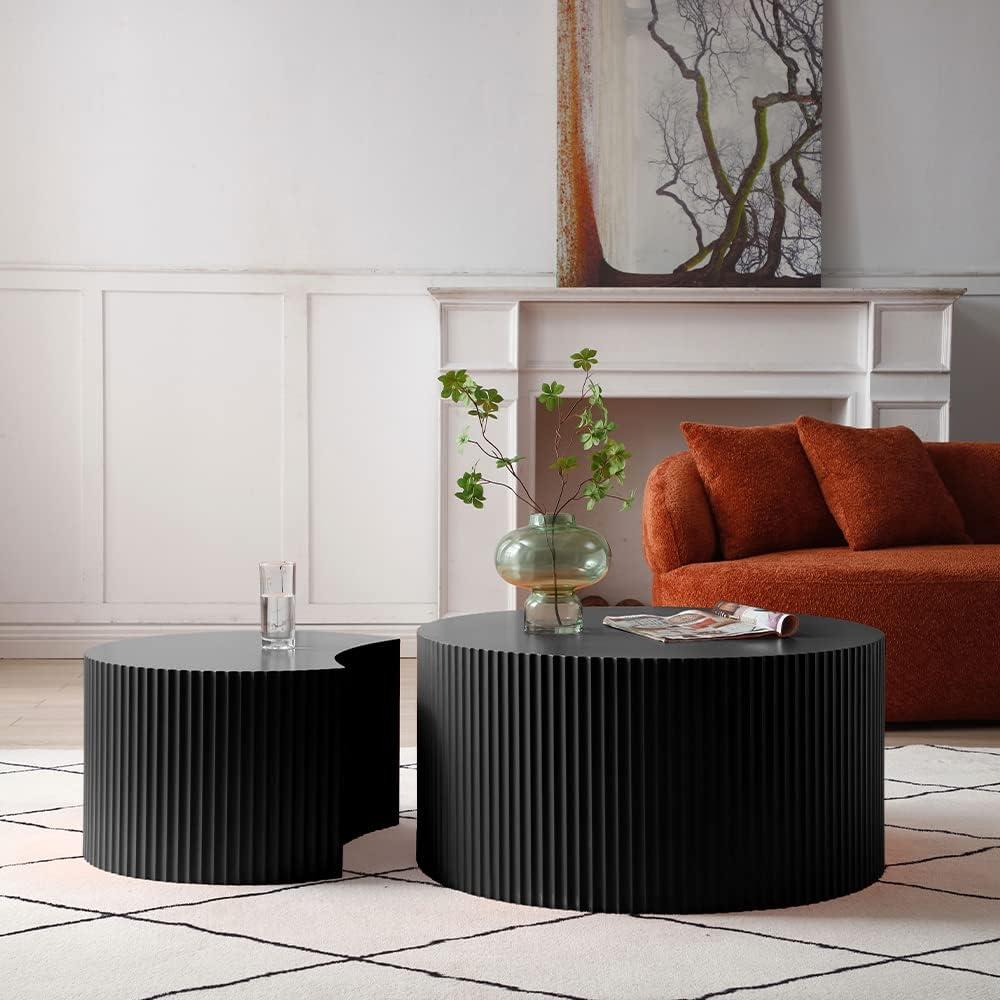 WILLIAMSPACE Nesting Coffee Table Set of 2, Matte Black Round Wooden Coffee Tables, Modern Luxury Side Tables Accent End Table for Living Room Apartment