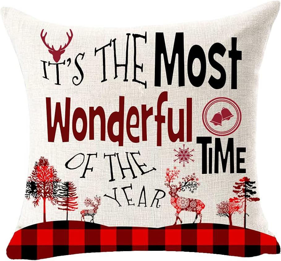 Set of 4 Merry Christmas Believe Reindeer Tree Best Gift Square Pillowcase Decorative Throw Pillow Cover Cushion Case Cotton Linen Material 18" x18'' (Beige&Red)