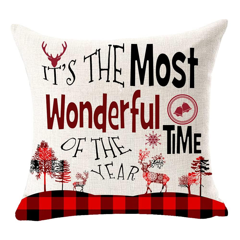 Set of 4 Merry Christmas Believe Reindeer Tree Best Gift Square Pillowcase Decorative Throw Pillow Cover Cushion Case Cotton Linen Material 18" x18'' (Beige&Red)