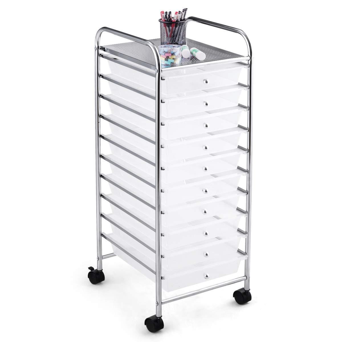 saney Storage Cart W/10 Drawers,Rolling Wheels Semi-Transparent Multipurpose Mobile Cart for School, Office, Home, Beauty Salon Files Arrangement Storage Organizer Cart (Clear)