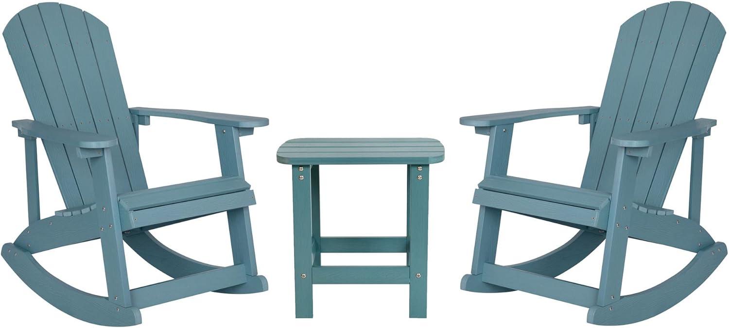 Flash Furniture Set of 2 Savannah All-Weather Poly Resin Wood Adirondack Rocking Chairs with Side Table in Sea Foam