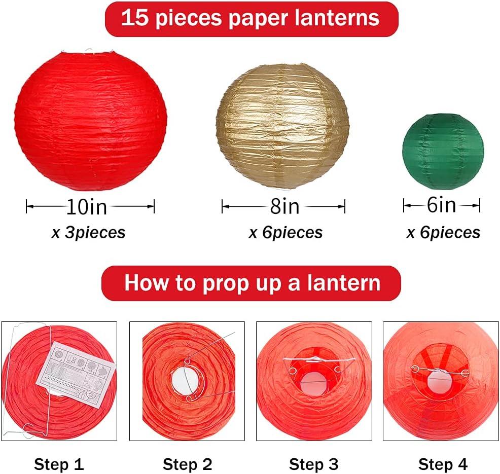 Festive Red Green Gold Round Paper Lantern Set, 15 Pieces