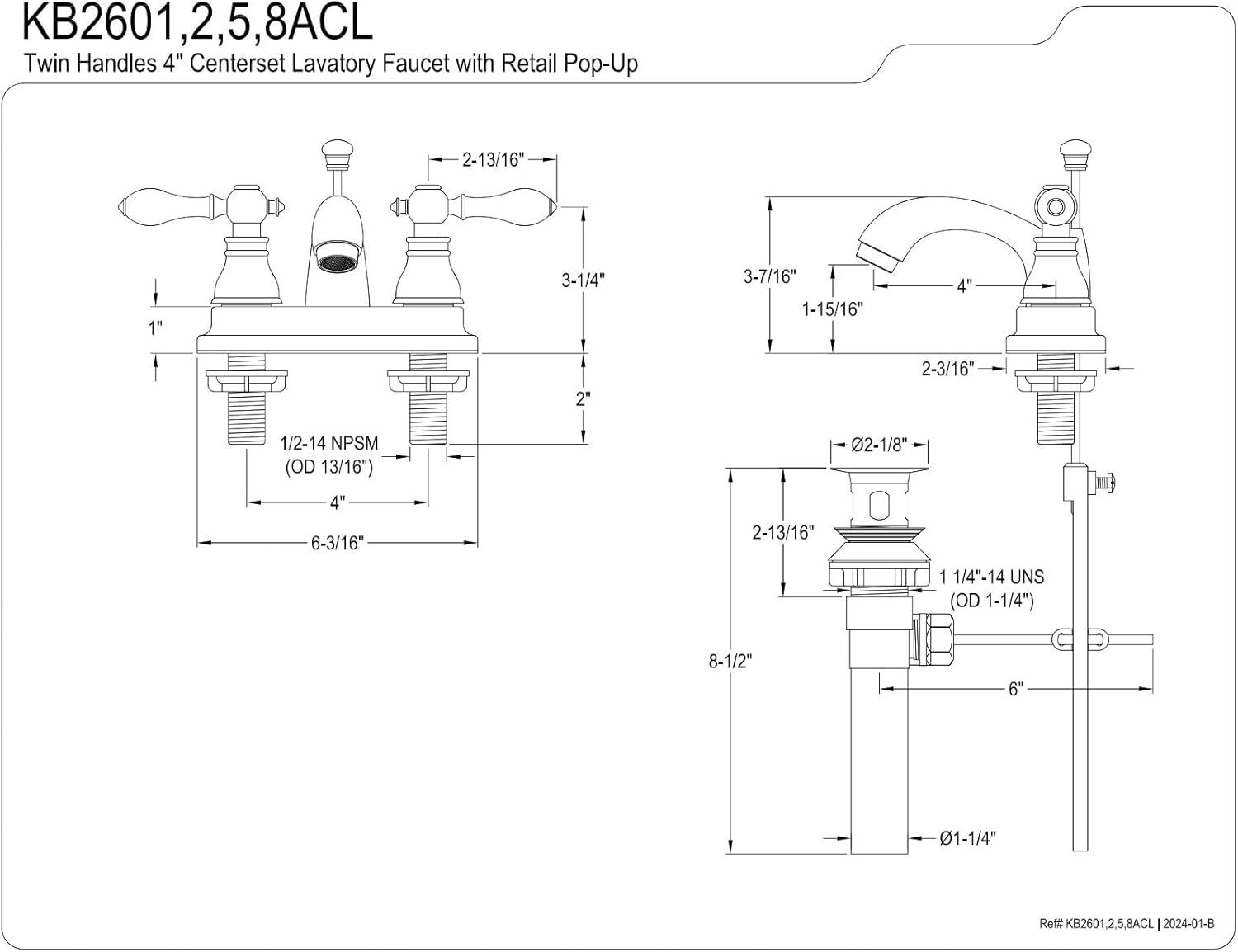 Kingston Brass American Classic Two-Handle 3-Hole Deck Mount 4" Centerset Bathroom Faucet with Plastic Pop-Up