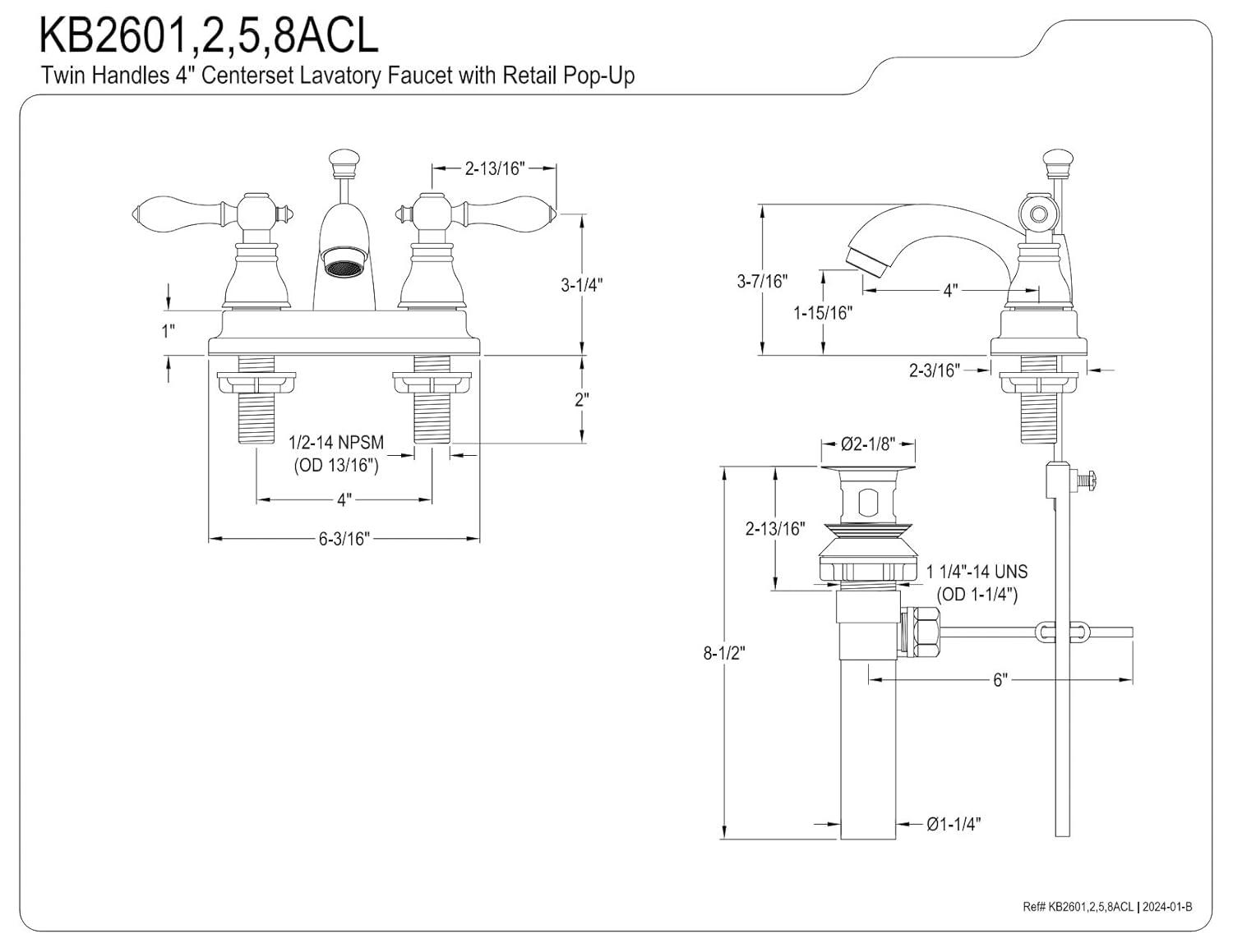 Kingston Brass American Classic Two-Handle 3-Hole Deck Mount 4" Centerset Bathroom Faucet with Plastic Pop-Up