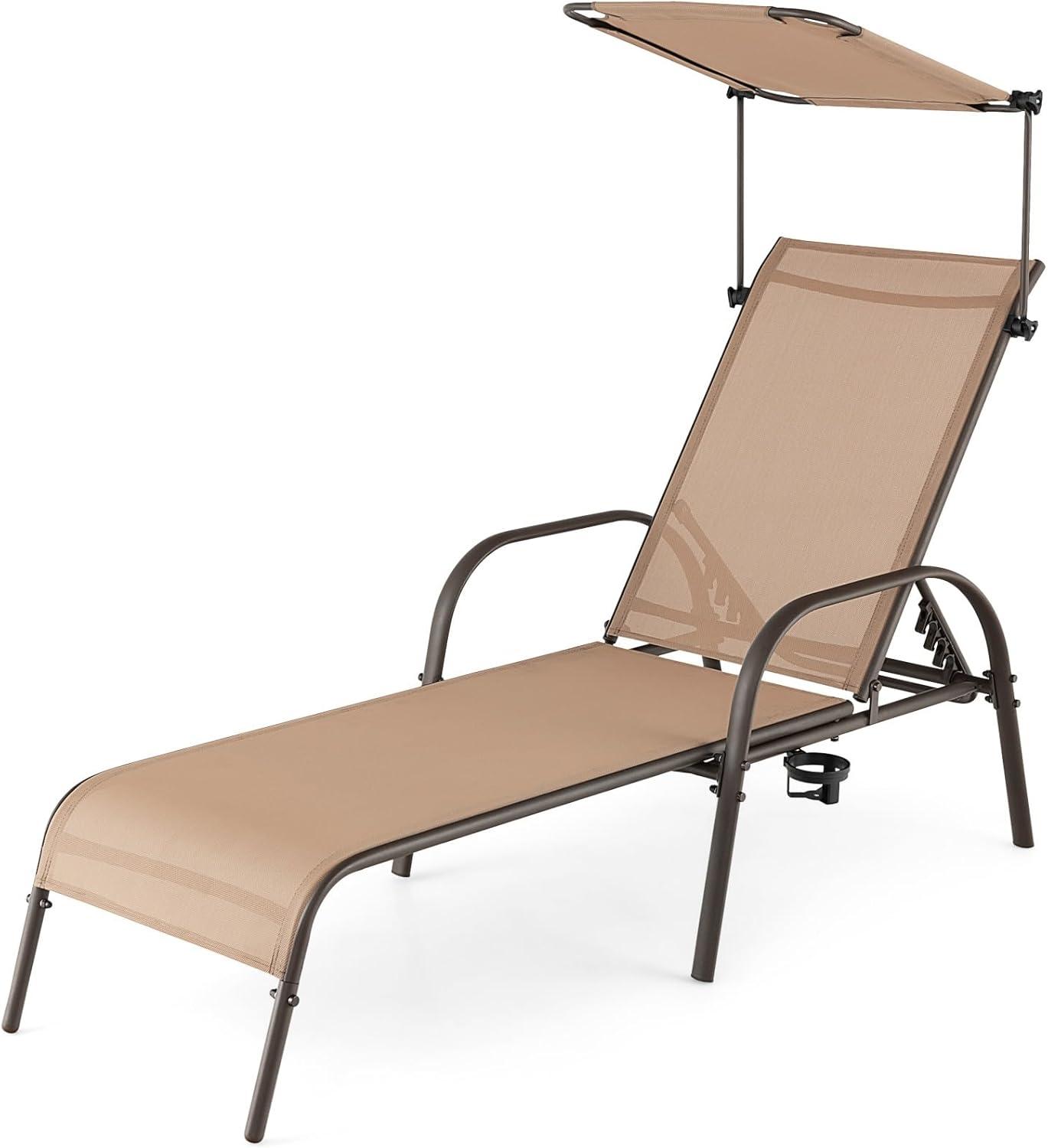 Costway Patio Heavy-Duty Chaise Lounge 5-Level Adjustable Outdoor Recliner Canopy Cup