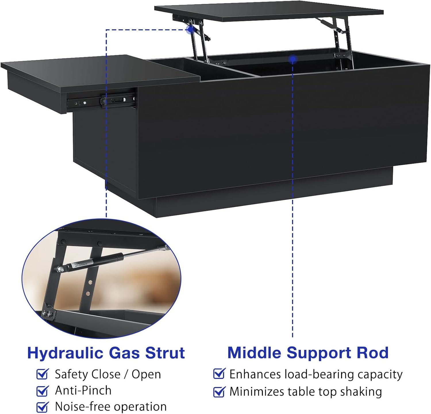 Hommpa LED Coffee Table with USB Ports and Outlets Lift Top Coffee Tables with Storage High Gloss Black Rectangular Modern Center Table for Living Dining Room