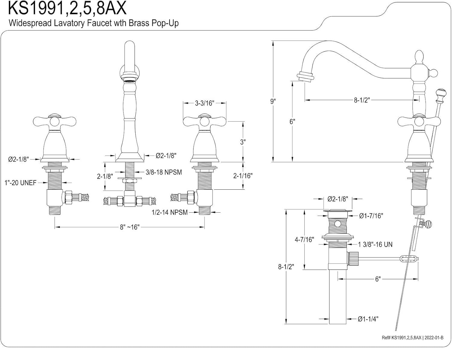 Kingston Brass KS1992AX 8 in. Widespread Bathroom Faucet, Polished Brass