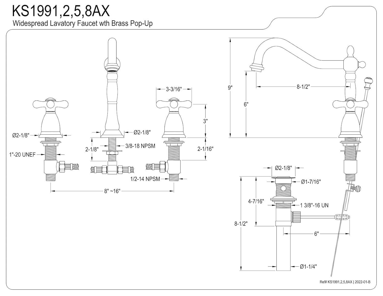 Kingston Brass KS1992AX 8 in. Widespread Standard Mount Bathroom Faucet, Polished Brass