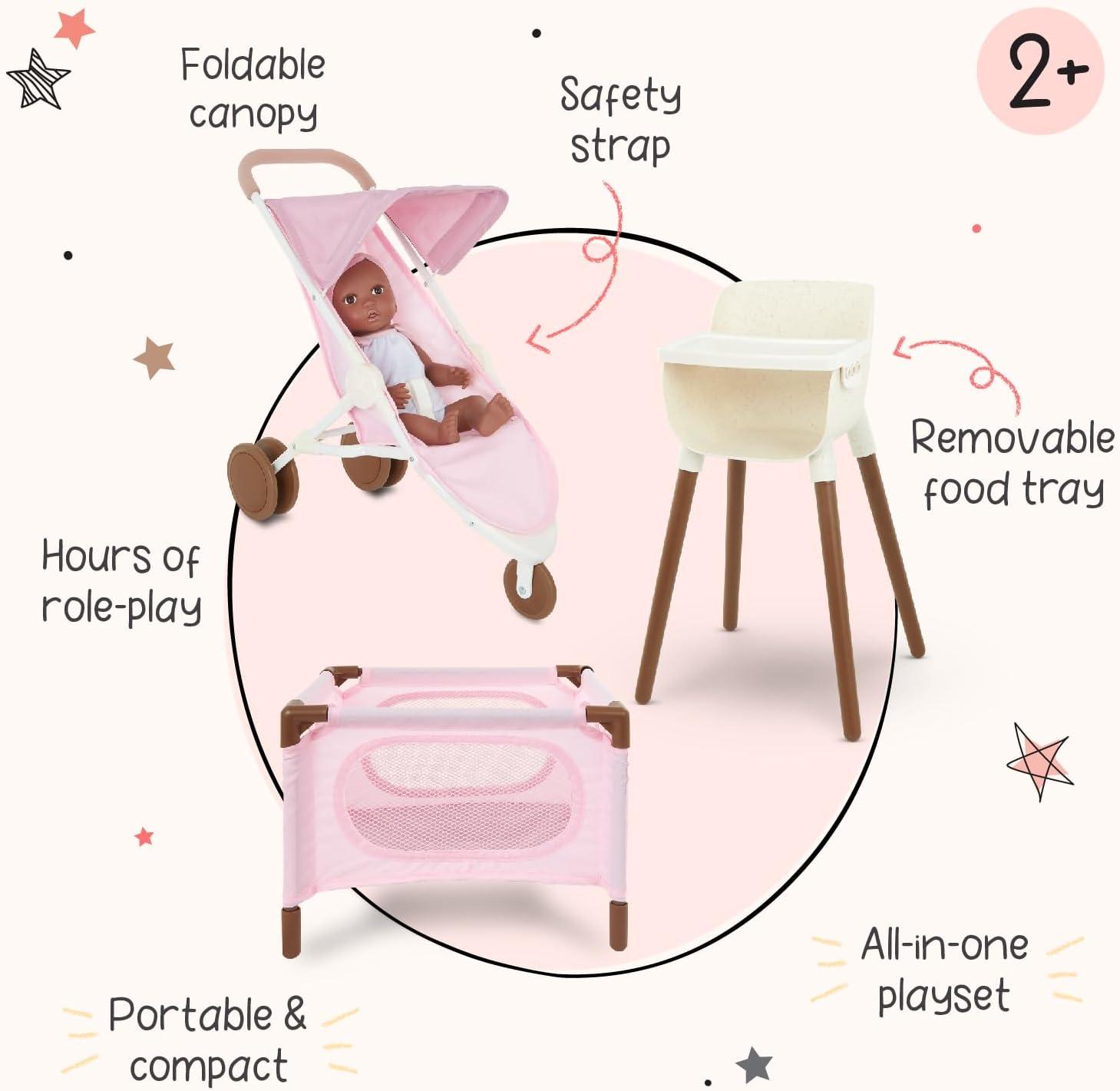 LullaBaby Pale Pink and Brown Doll Nursery Playset with High Chair, Playpen & Stroller