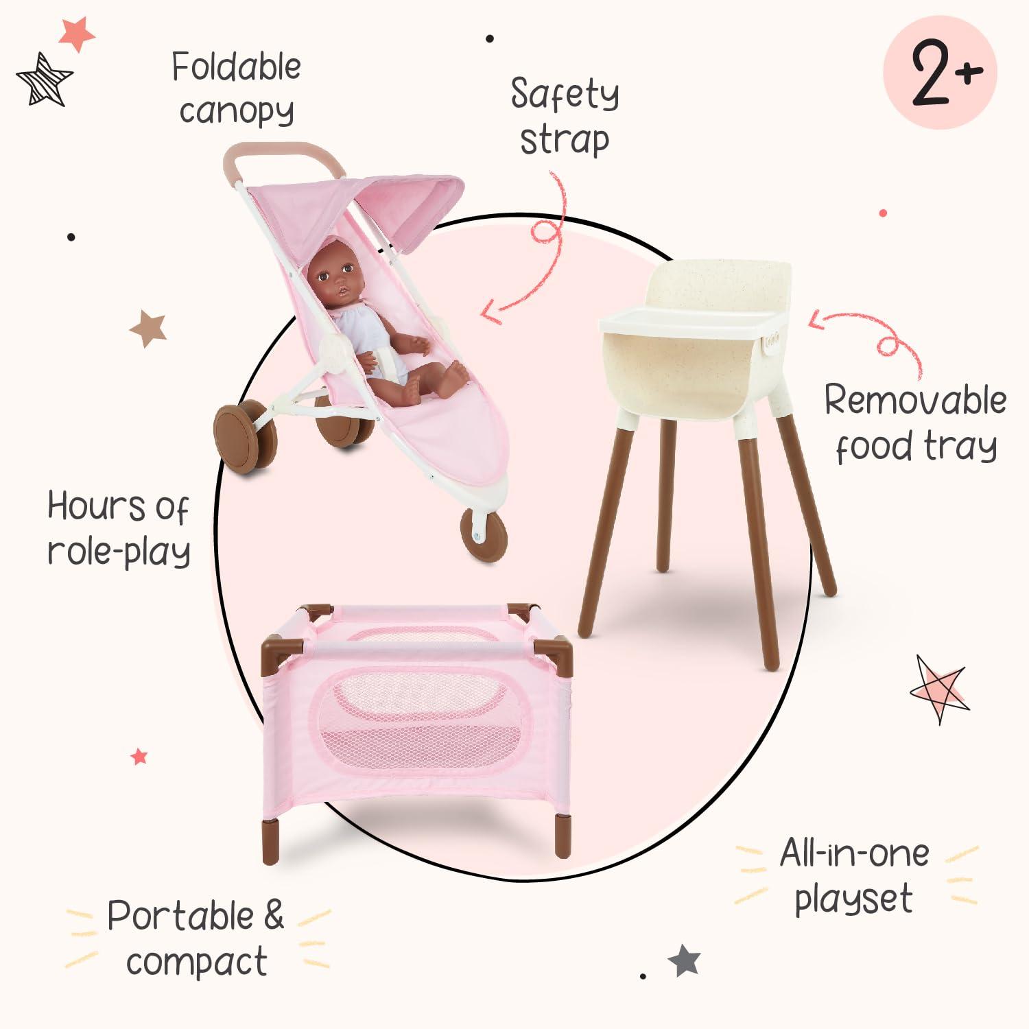 LullaBaby Pale Pink and Brown Doll Nursery Playset with High Chair, Playpen & Stroller