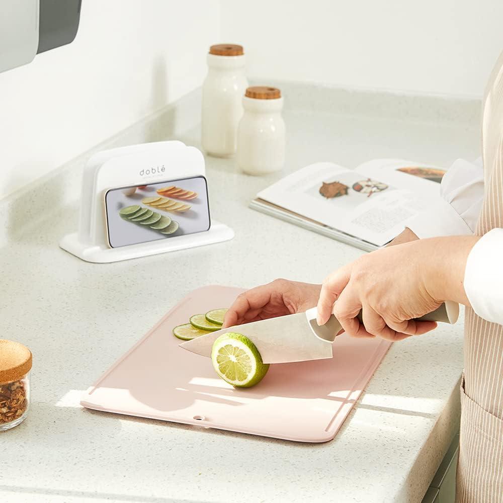 Premium Upgraded doblé Non-Scratch Flexible Cutting Board for Chopping, Scratch Free, Juice Grooves with Easy Grip Handle, Non-Slip Dishwasher Safe for Kitchen 9.3" x 13.7" (Baby Pink)