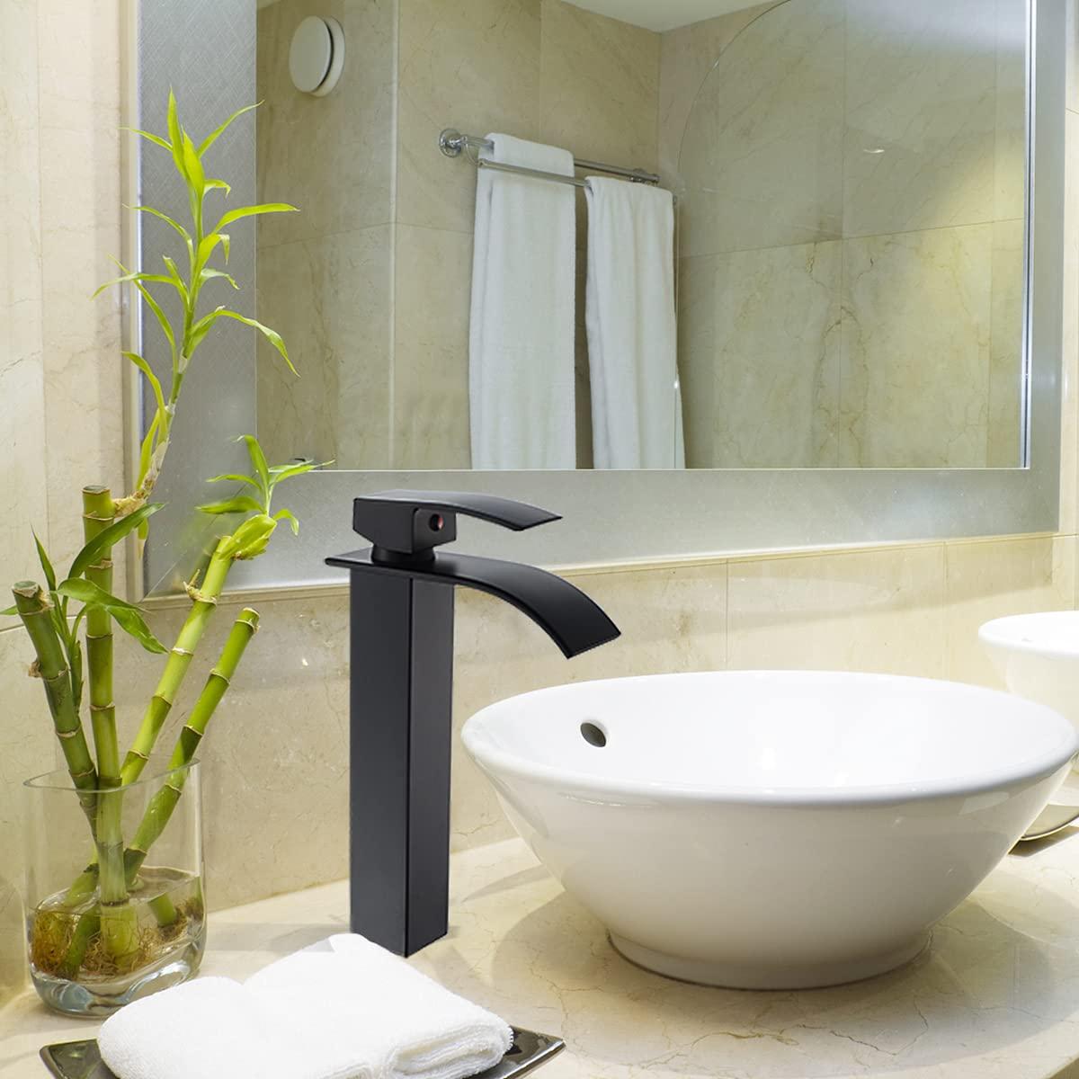 Waterfall Bathroom Faucet Single Handle，Bathroom Sink Faucet 1 Hole，Waterfall Faucet for Bathroom Sink，Vessel Sink Faucet Matte Black Tall Bathroom Faucet