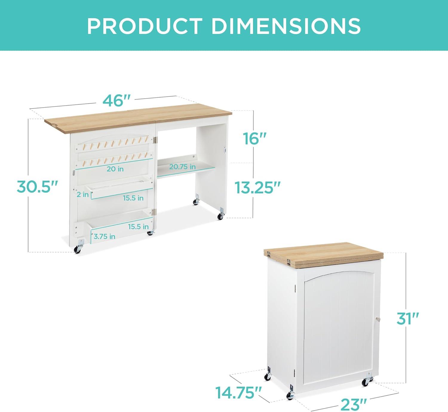 Natural White Folding Sewing Table with Storage Trays and Wheels