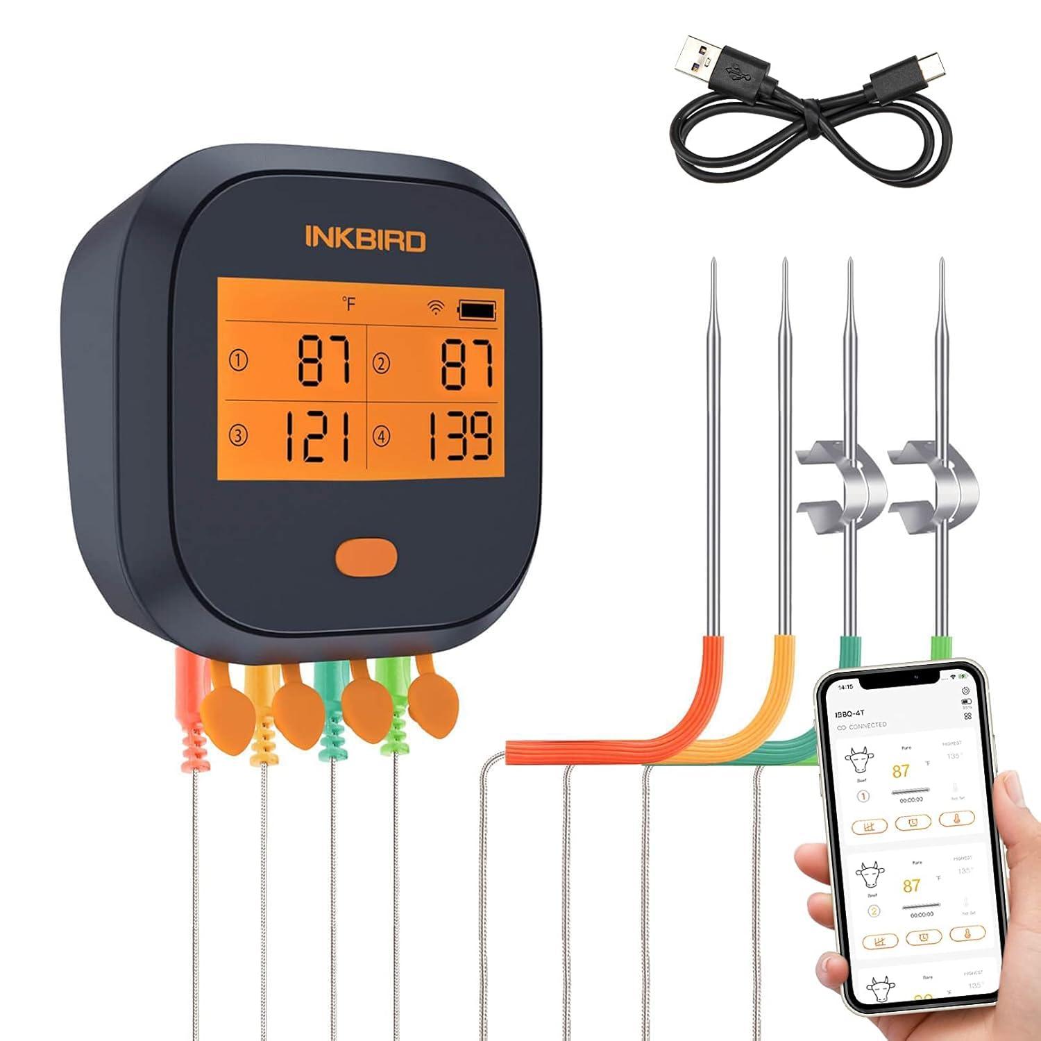 Inkbird IBBQ-4T Wi-Fi Rechargeable CD Display Timer Alarm BBQ Meat Thermometer with 4 Probes