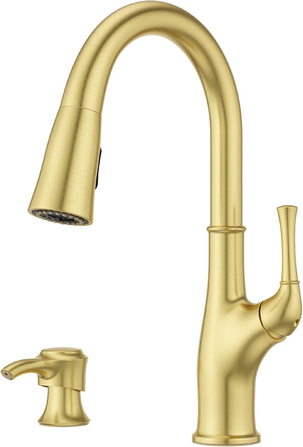 Alderwood Brushed Gold High-Arc Kitchen Faucet with Pull-Out Spray