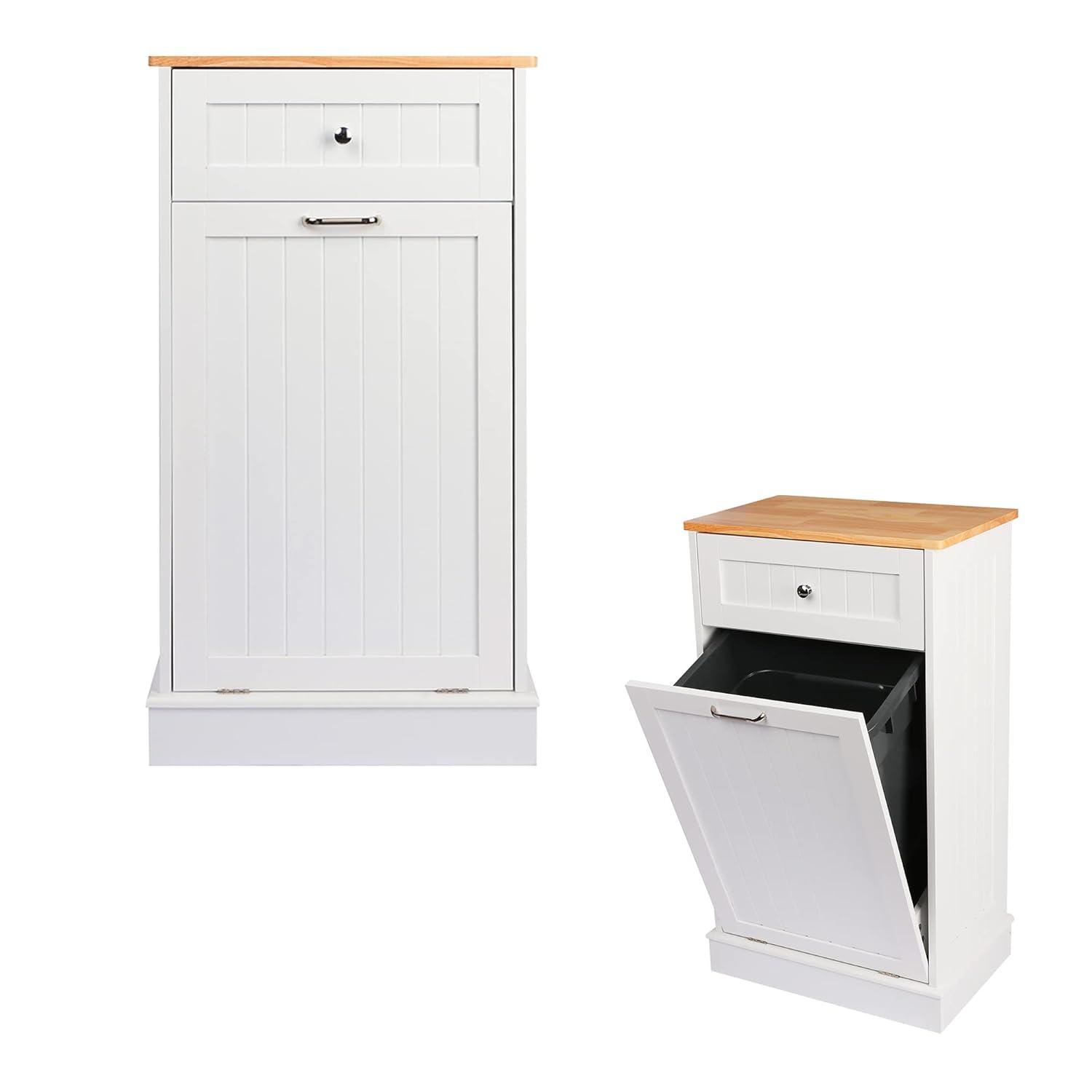Tilt Out Trash Cabinet Free Standing 10 Gallon Recycling Trash Can Cabinet for Farmhouse Kitchen,Living Room, Dining Room, White