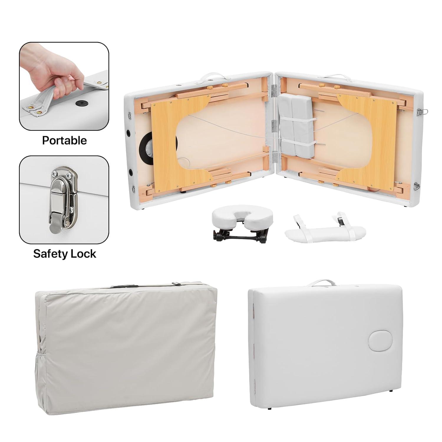 MoNiBloom Portable Massage Table Spa Bed, 24.5" to 33.5" Height Adjustable Two Fold Massage Bed / Facial Salon Tattoo Bed with Carry Bag for Beauty Salon and Family, Beechwood, White