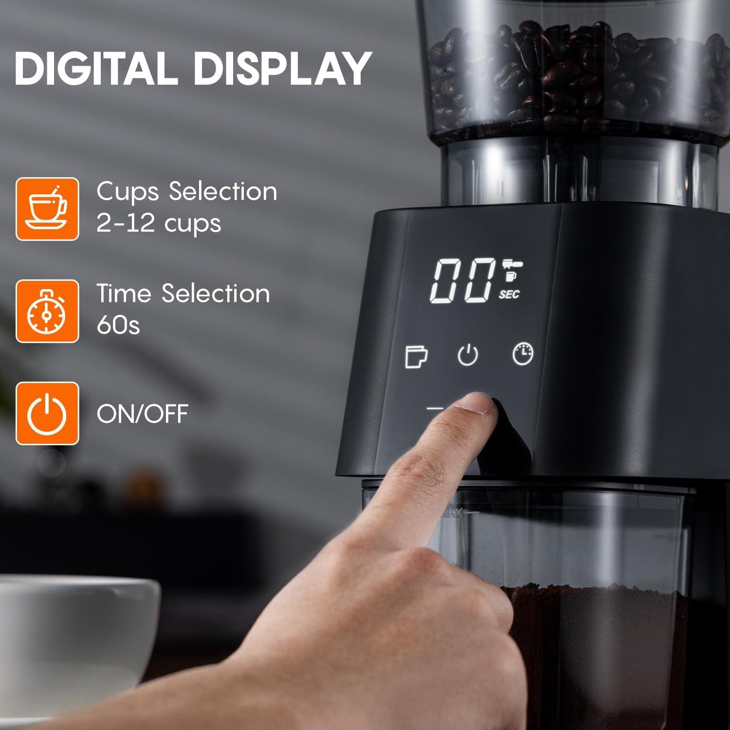 Ollygrin Conical Burr Coffee Grinder Electric Coffee Bean Grinder With Lcd Screen 30 Grind Settings Burr Mill Grinder, 2-12 Cups