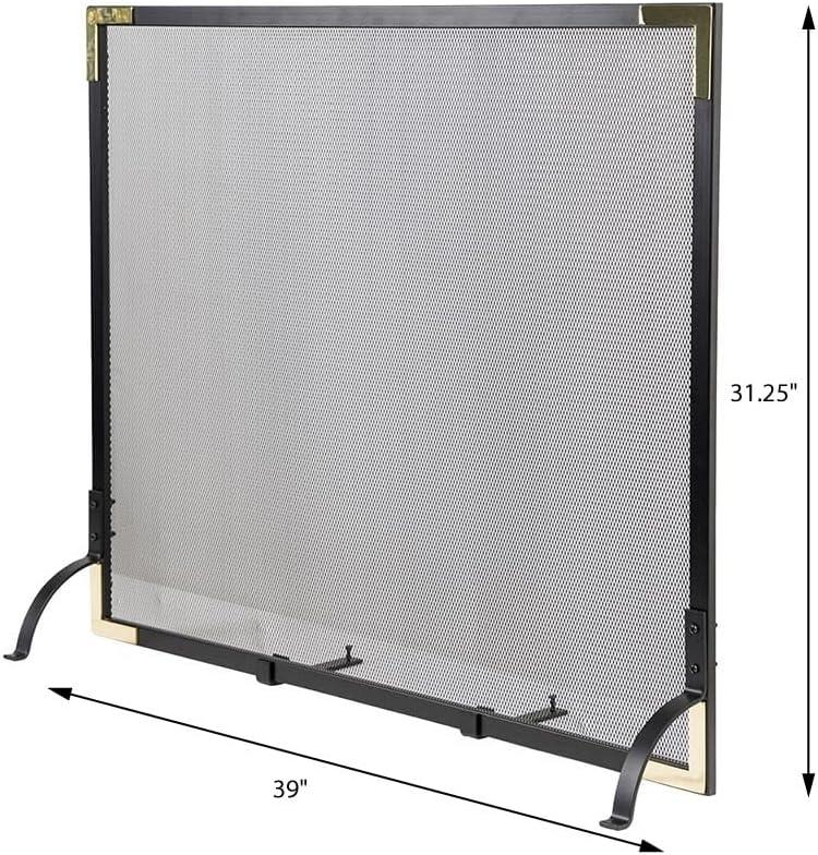 Black Mesh Single Panel Fireplace Screen with Brass Accents