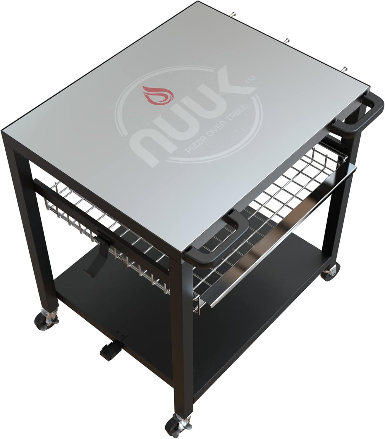 NUUK Double-Shelf Rolling Outdoor Pizza Oven Table, BBQ Grill Cooking Cart and Food Prep Station with Slide Basket Drawer