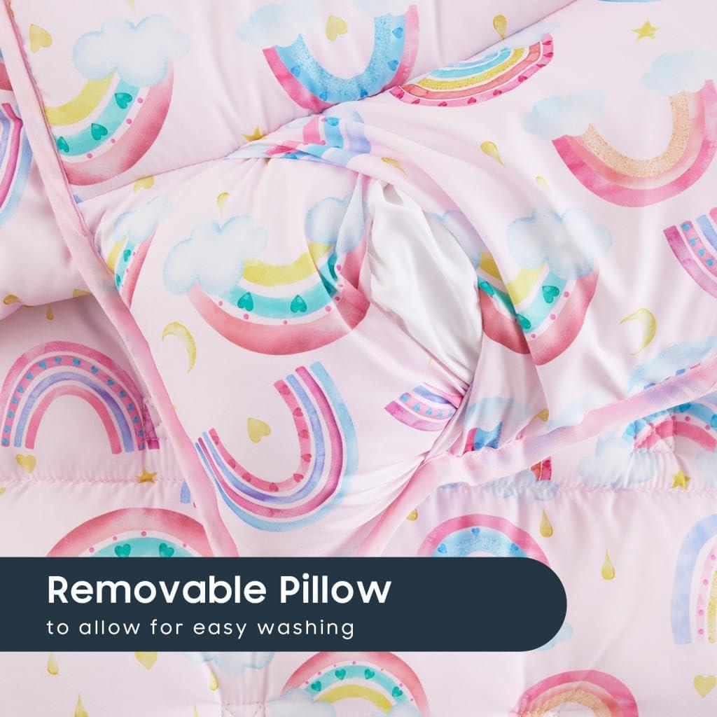 Wake In Cloud - Toddler Nap Mat with Pillow and Blanket, for Kids Girls in Kindergarten Daycare Preschool Pre K, Roll Up Sleeping Bag, Colorful Rainbows, Light Pink, Standard