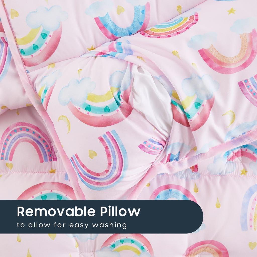 Wake In Cloud - Toddler Nap Mat with Pillow and Blanket, for Kids Girls in Kindergarten Daycare Preschool Pre K, Roll Up Sleeping Bag, Colorful Rainbows, Light Pink, Standard