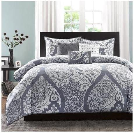 Madison Park 6pc Full/Queen Adela Printed Duvet Cover Bedding Set Slate: Cotton Damask, Embroidered, OEKO-TEX Certified