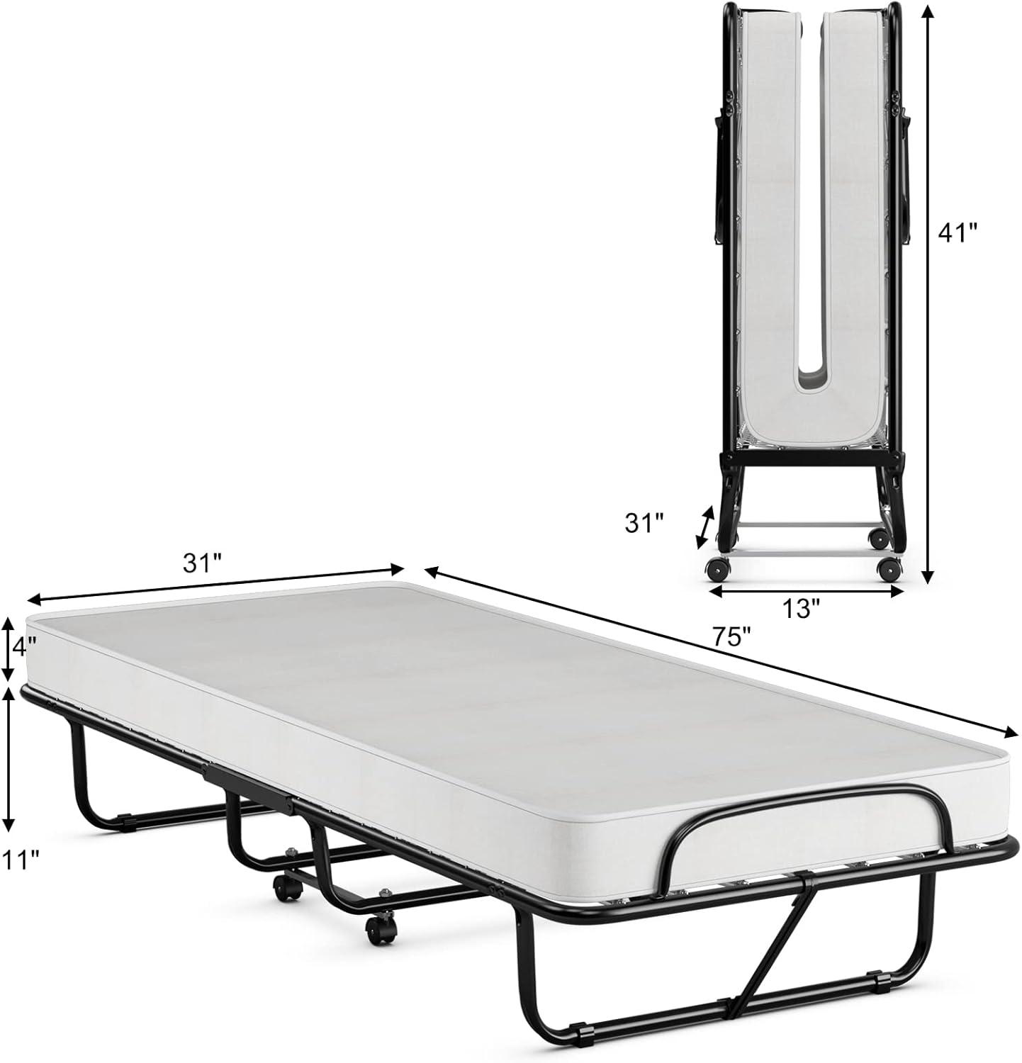 Hysache Rollaway Folding Bed with 4" Memory Foam Mattress, Portable Foldable Guest Bed for Spare Room & Office, 4 Casters, Metal Frame, Portable & Lightweight Compact Rolling Cot, 75" x 31"