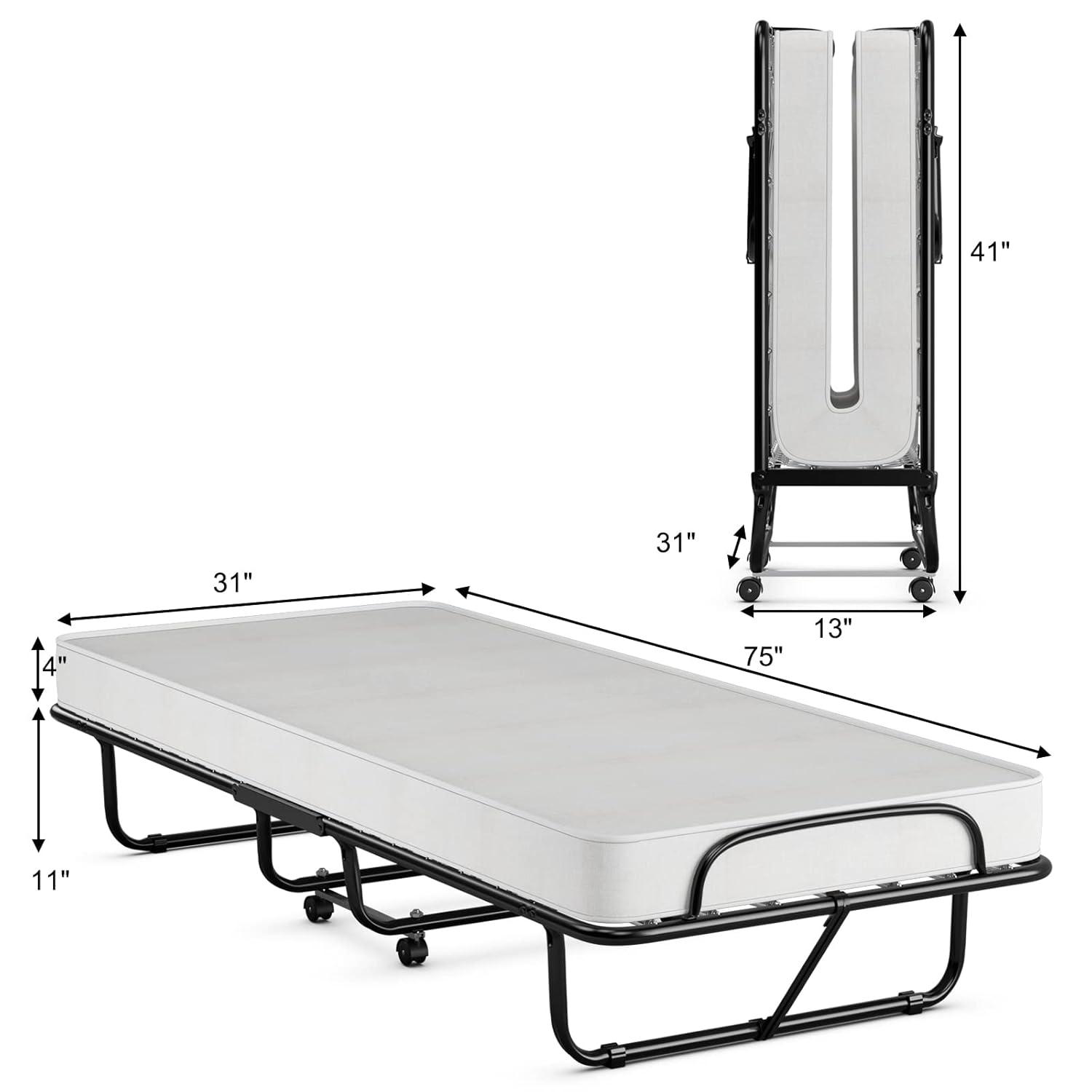 Hysache Rollaway Folding Bed with 4" Memory Foam Mattress, Portable Foldable Guest Bed for Spare Room & Office, 4 Casters, Metal Frame, Portable & Lightweight Compact Rolling Cot, 75" x 31"