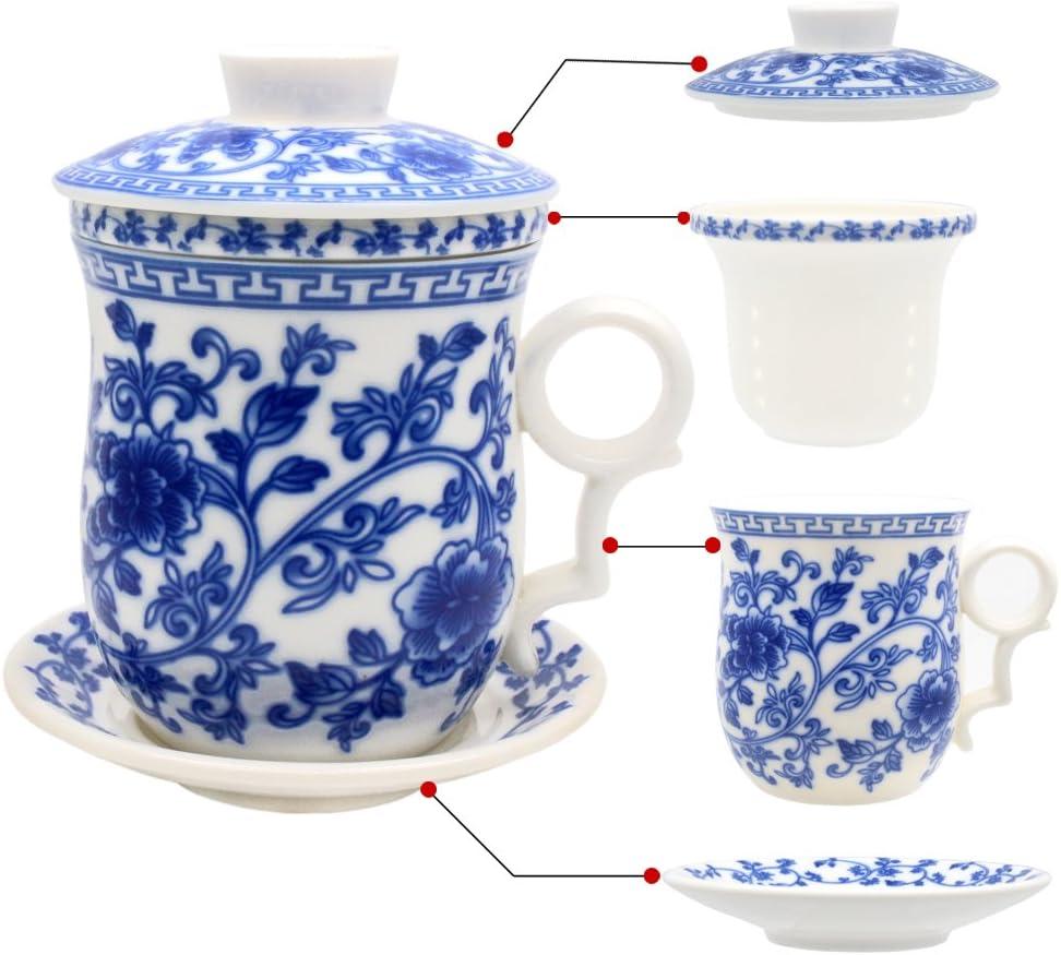 Porcelain Tea Cup with Infuser Lid and Saucer Sets - Chinese Jingdezhen Ceramics Coffee Mug Teacup Loose Leaf Tea Brewing System for Home Office