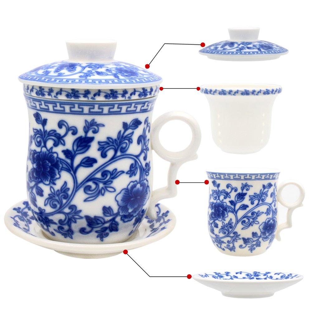 Porcelain Tea Cup with Infuser Lid and Saucer Sets - Chinese Jingdezhen Ceramics Coffee Mug Teacup Loose Leaf Tea Brewing System for Home Office
