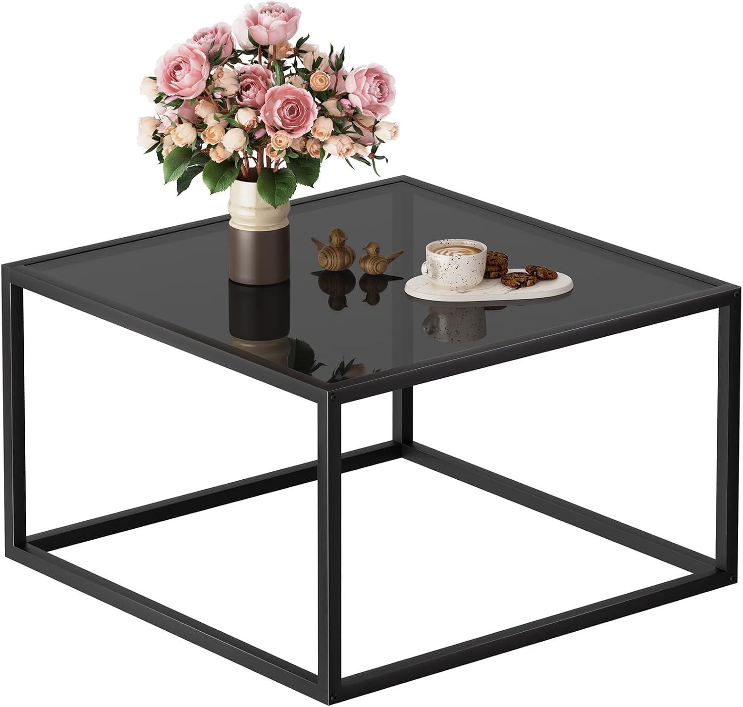 SAYGOER Black Glass Coffee Table Small Modern Coffee Tables 26.7in Square Tempered Glass-Top Accent Center Table for Living Room Home Office with Black Metal Frame Easy Assembly