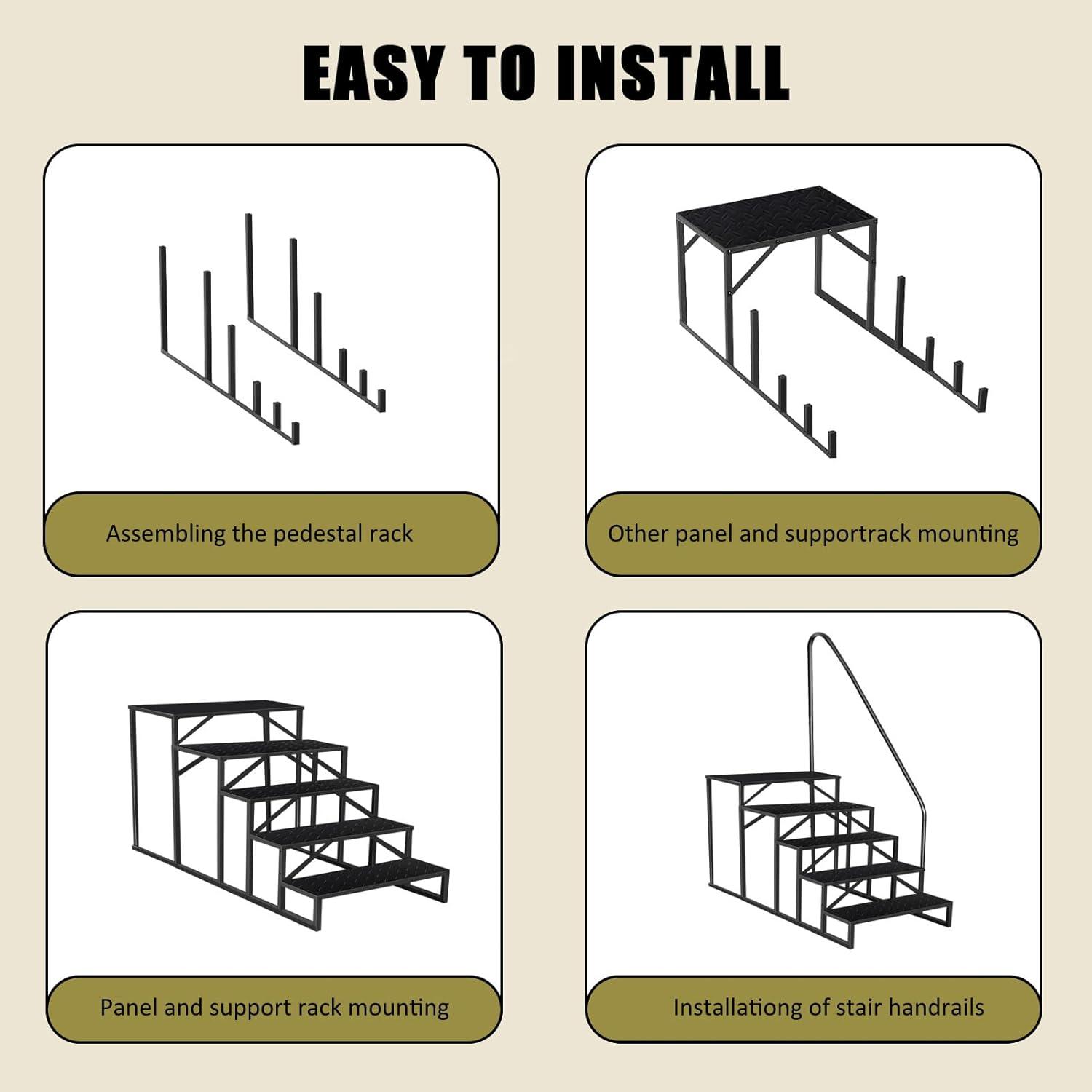 Tcbosik RV Steps with Handrail, 5 Steps Ladder Hot Tub Steps, Portable Stairs Step with Anti-Slip Panel, Heavy Duty Metal Mobile Home Stairs for Outdoor RV Step, Camper Trailer, Black