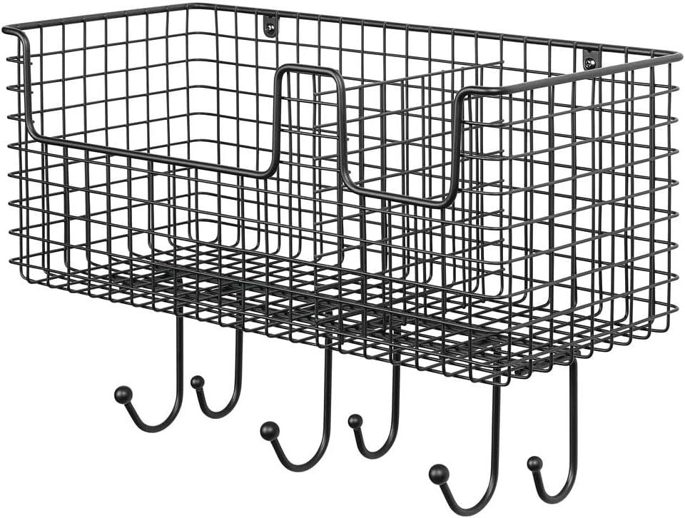 mDesign Metal Storage Organizer Basket with 6 Hooks - Wall Mount - Black