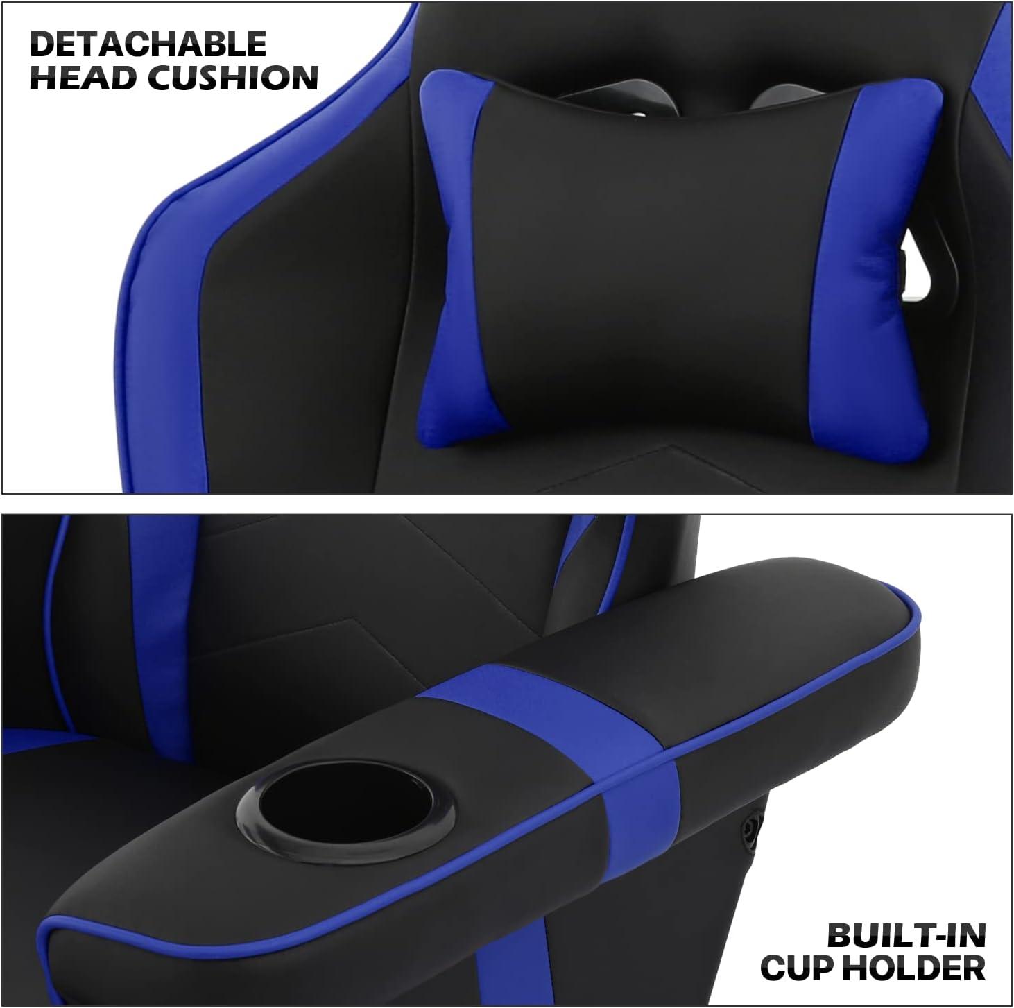 MoNiBloom Video Gaming Chair Ergonomic Recliner Racing Chair, High Back Swivel Chair with Adjustable Footrest and Backrest, Headrest and Cup Holder, Blue