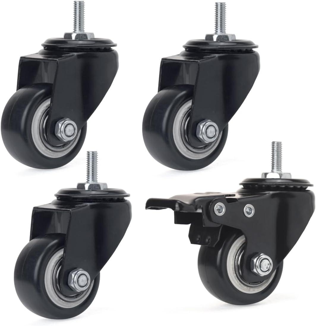 1.5 Inch Black Polyurethane Swivel Caster Wheels with Brake, Set of 4