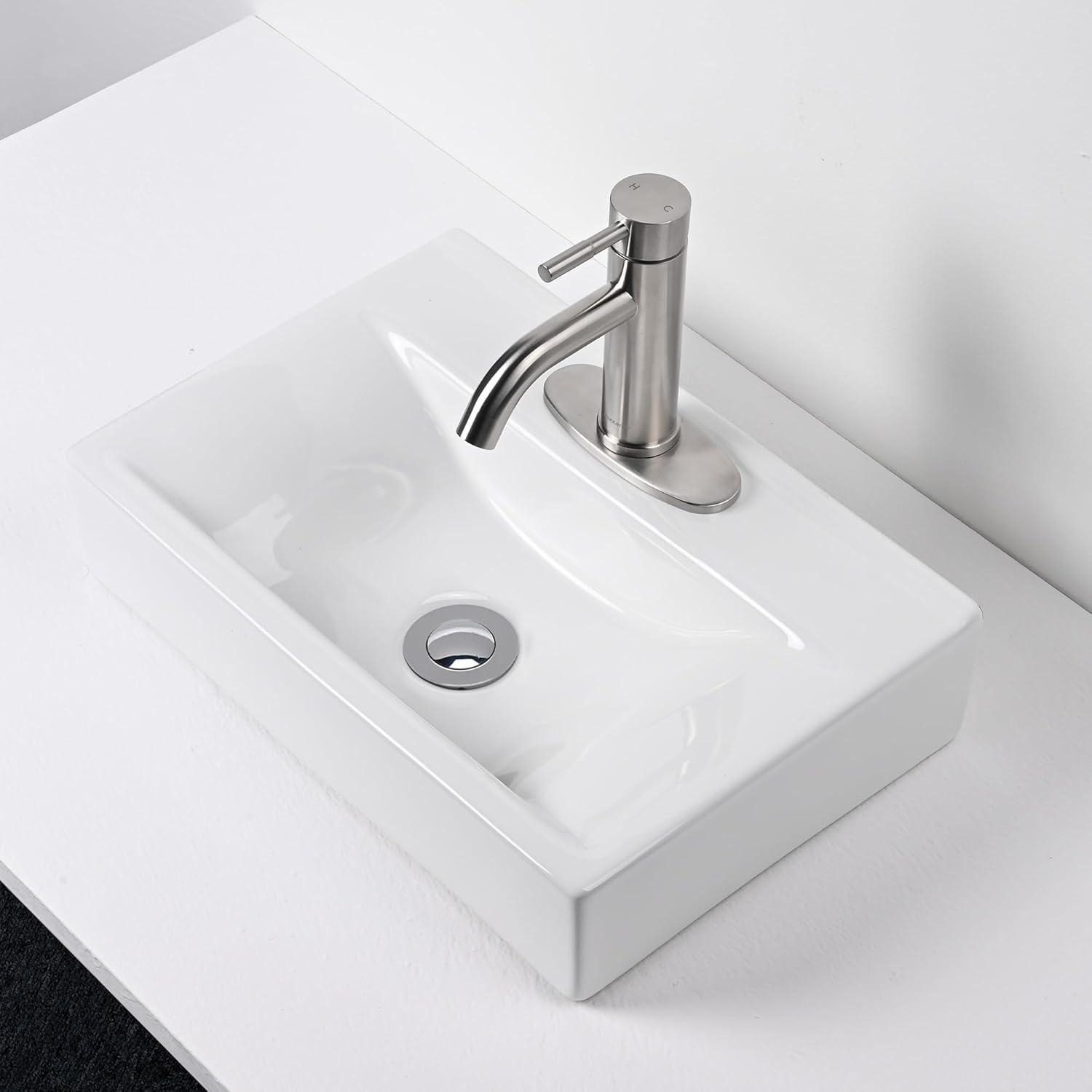 Aquaterior Rectangle Bathroom Ceramic Vessel Sink With Bathroom Single Hole Faucet Drain Combo