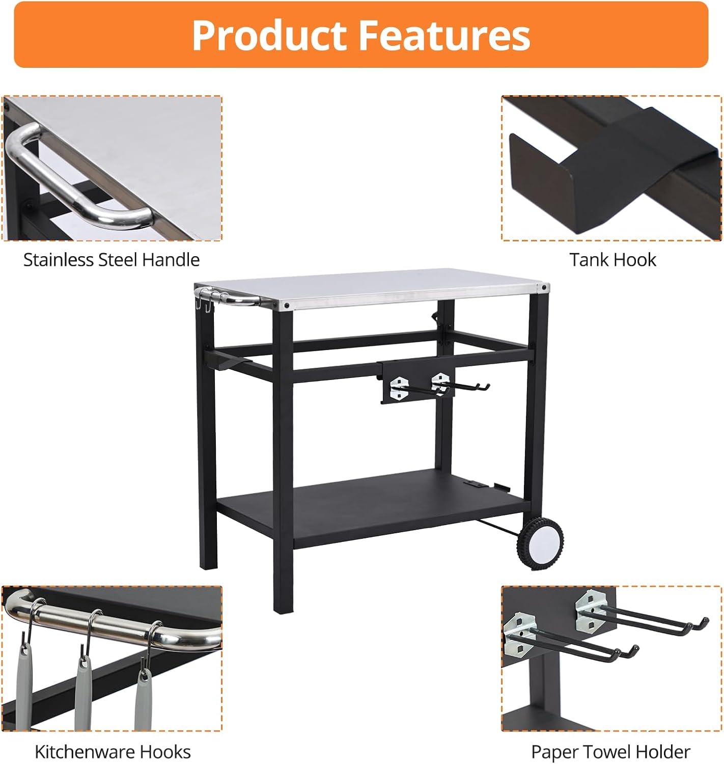Outvita Outdoor Grill Cart, Movable Food Prep and Work Cart Table, Pizza Oven Stand Table with Wheels, Indoor & Outdoor Multifunctiona BBQ Cart with Mesh Racks for Home Party Camping