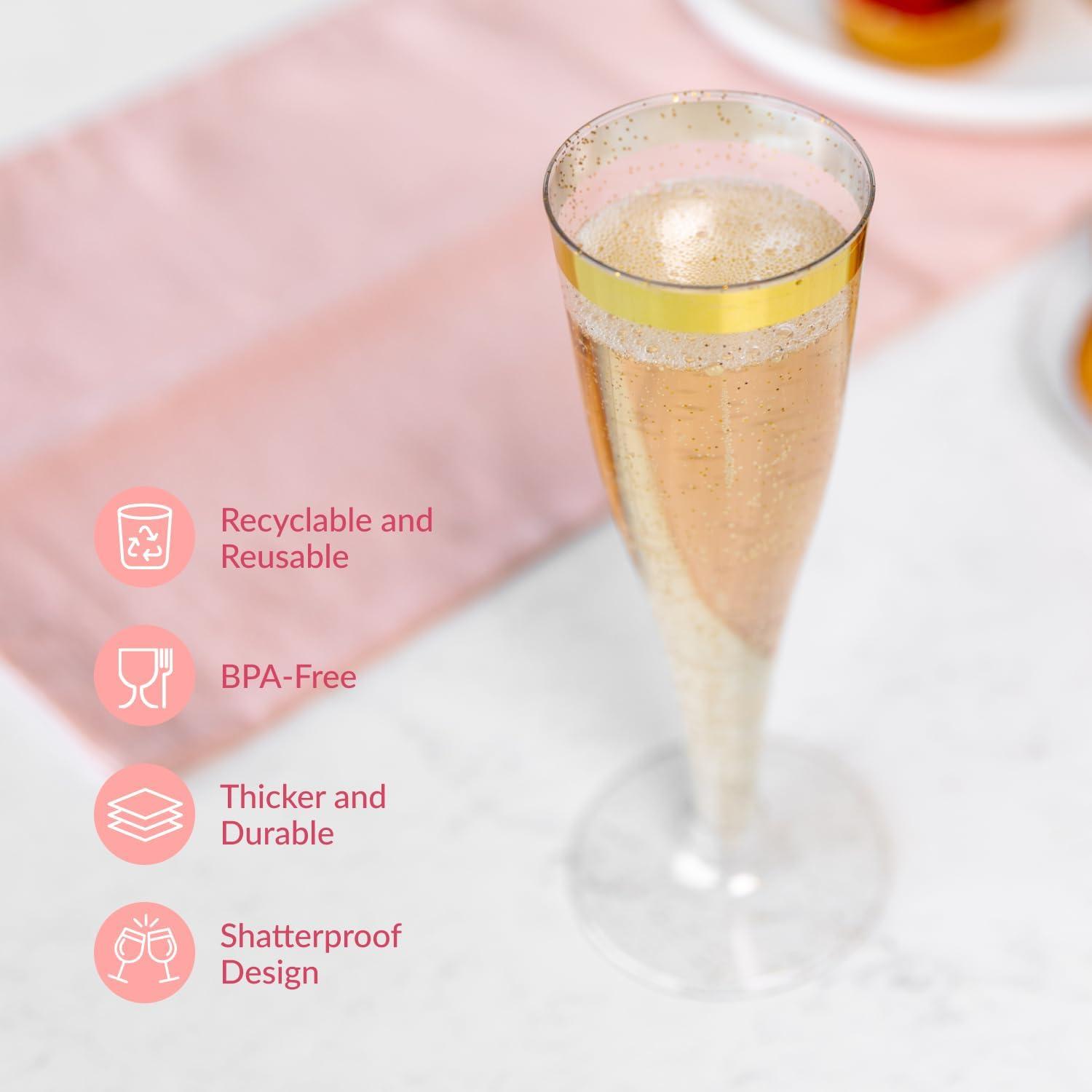 Prestee 24 Champagne Flutes Disposable, Gold Rim Glitter Plastic Cups
