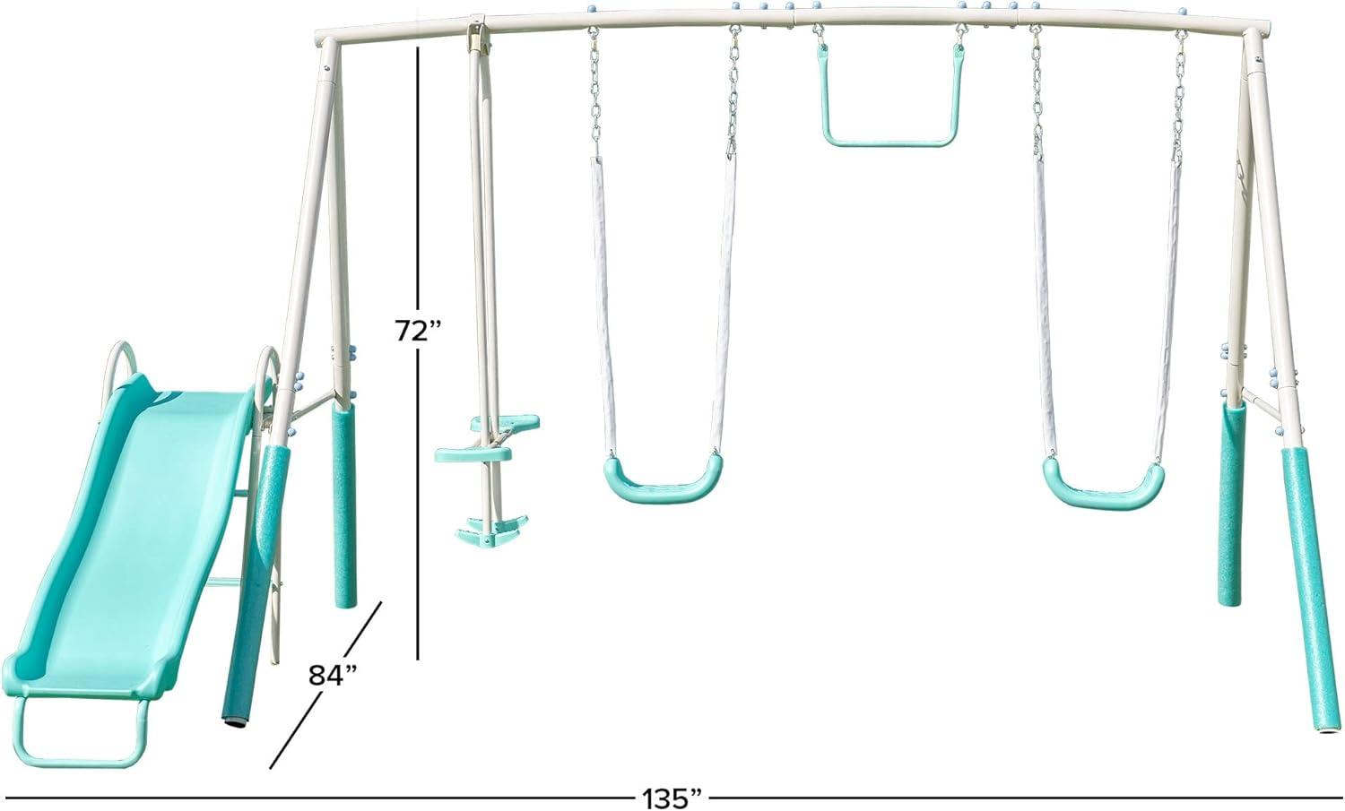 Teal Metal Swing Set with Slide and Trapeze