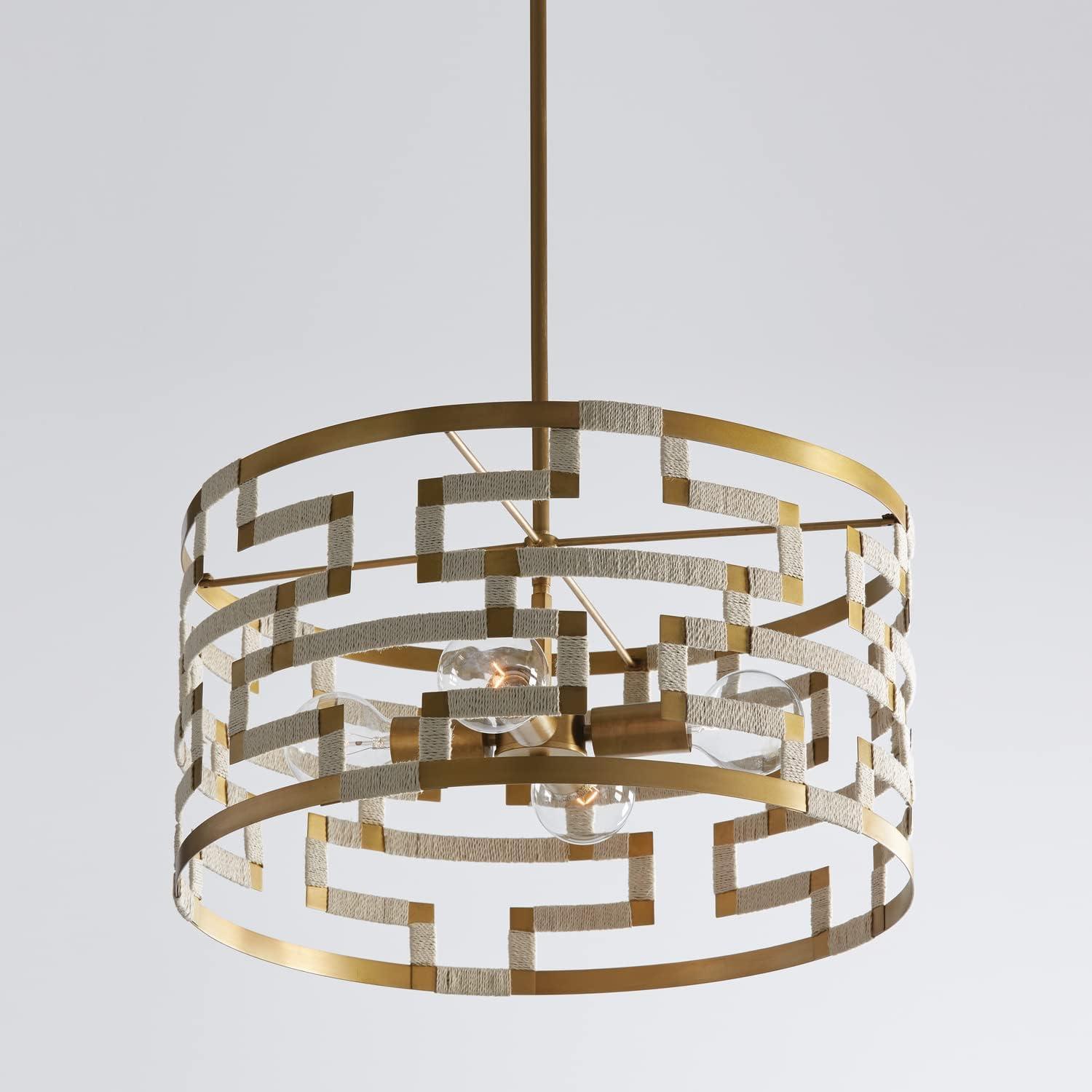 Bleached Natural Jute and Brass Drum Pendant Light