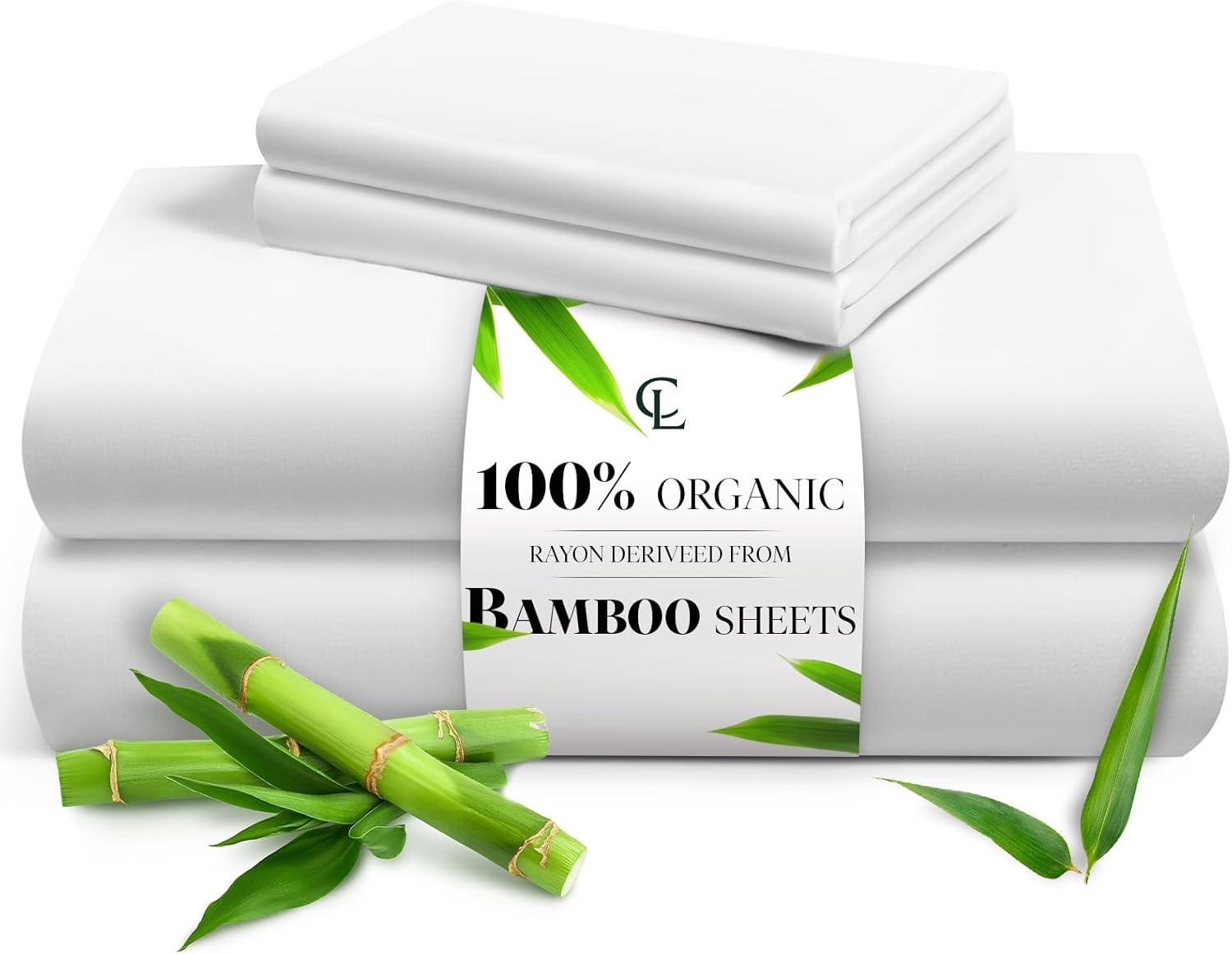 LuxClub 4 PC Twin Size White Sheet Set, 100% Organic Bamboo Viscose, Deep Pockets up to 16", Soft & Breathable Hotel Luxury Bedding Sheets
