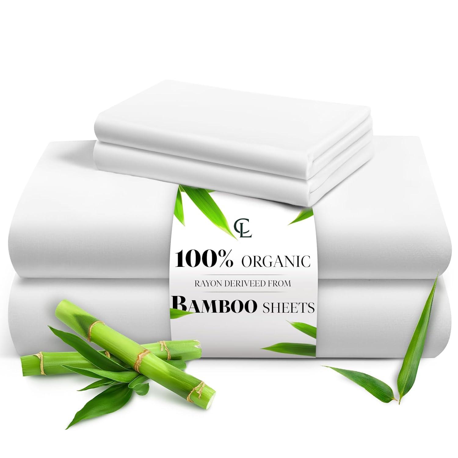 LuxClub 4 PC Twin Size White Sheet Set, 100% Organic Bamboo Viscose, Deep Pockets up to 16", Soft & Breathable Hotel Luxury Bedding Sheets