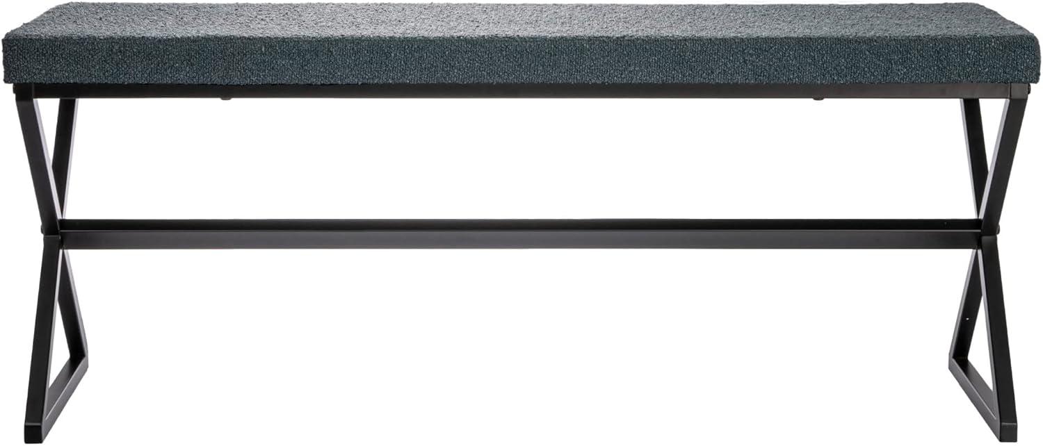 Household Essentials Harper Metal Bench with Boucle Upholstered Cushion, Blue-Grey and Black